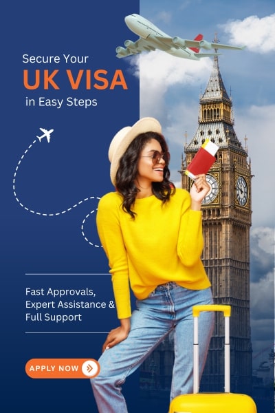 Smiling woman with passport and suitcase near Big Ben, promoting UK visa services 