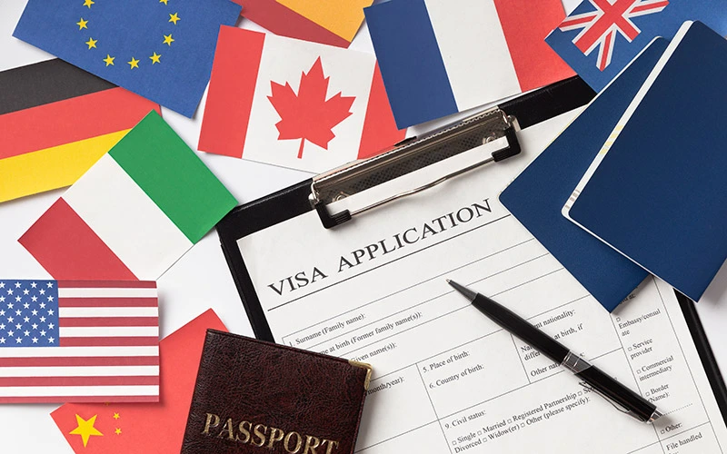 Visa application with various Schengen country flags in the background.