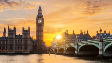 Big Ben and Westminster Bridge at sunset, London, UK