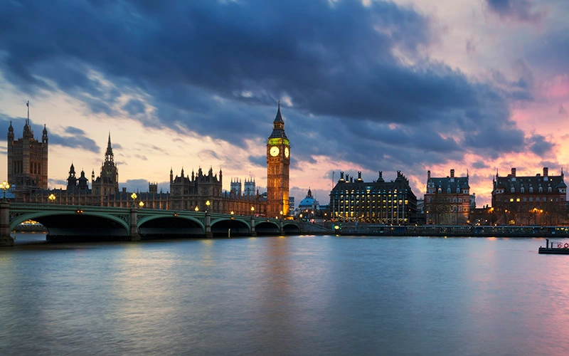 View of Big Ben clock tower in London at sunset, UK