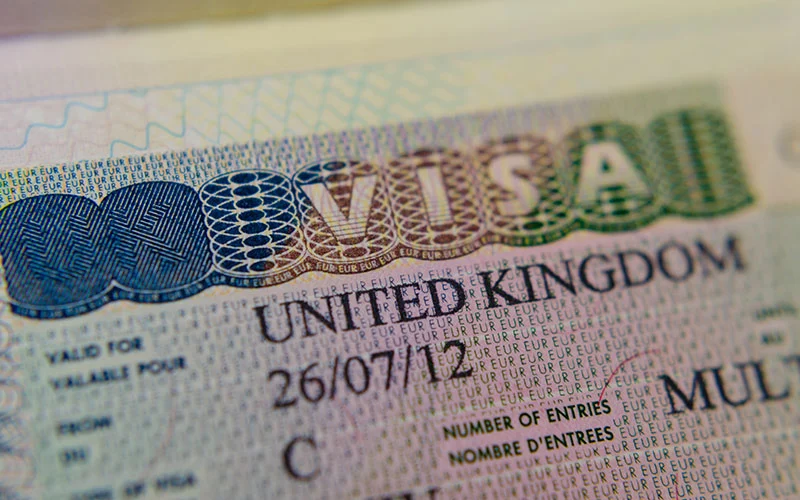 UK Multiple Entry Visa (Type C) sticker inside a passport.