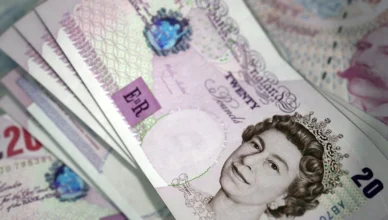 Close-up of British banknotes