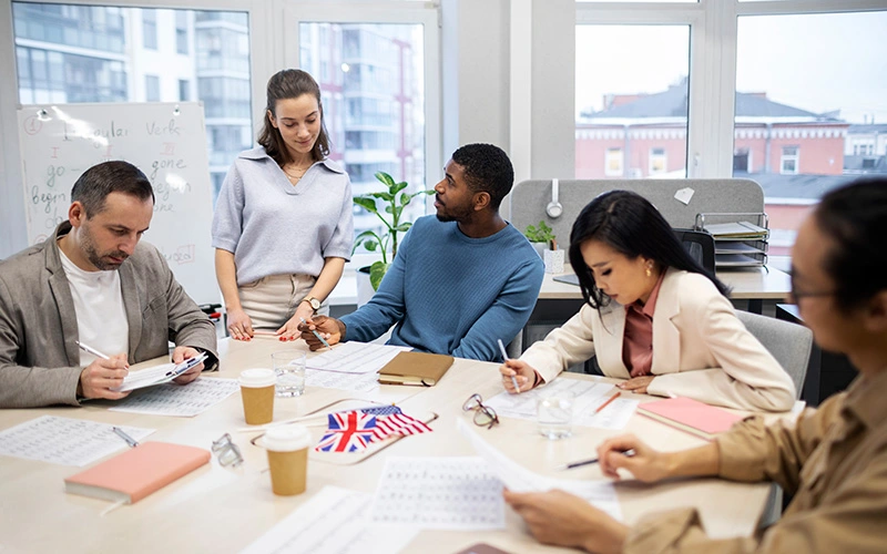 People working together in a professional setting.