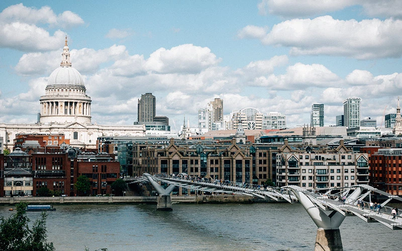 People walking on the Millennium Bridge in London.