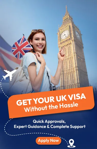 Smiling woman with UK flag near Big Ben, promoting easy UK visa services